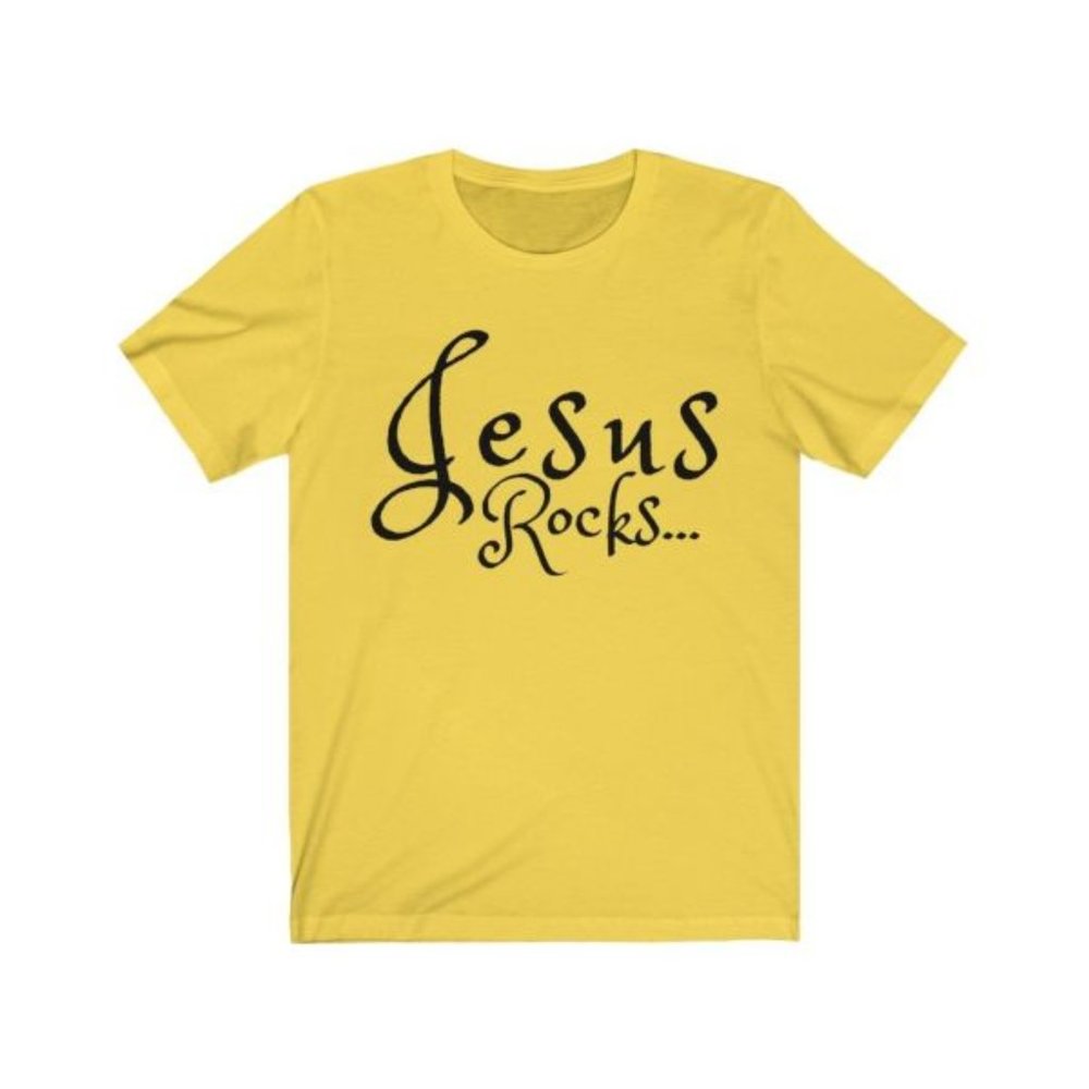 Jesus Rocks, Short Sleeve Tee (Unisex/Black Text)